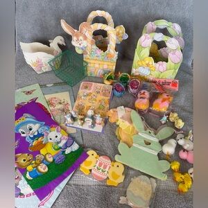Vintage Easter Decorations Lot - Candy baskets bags stickers streamers figures
